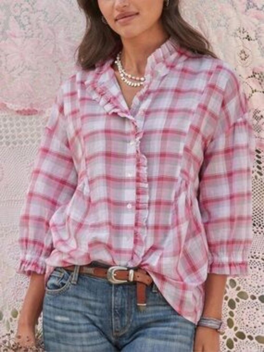 Sundance Janis Boho Pink Plaid Ruffle Neck Button Front Shirt Top Size L